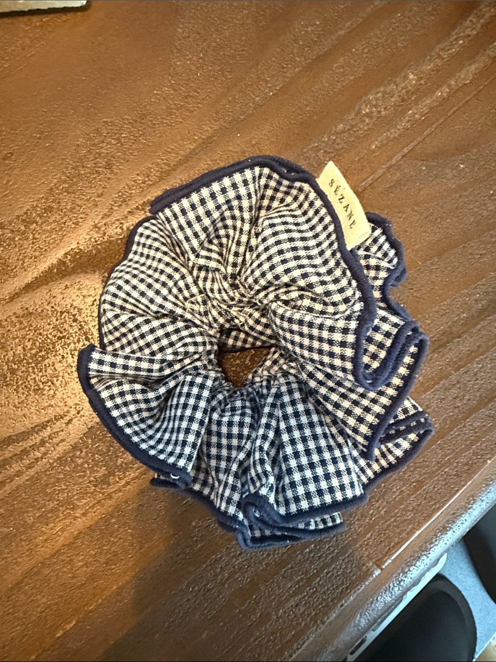Sezane Navy and White Gingham Scrunchie